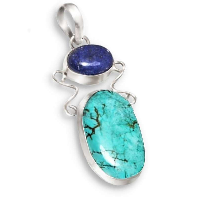 Natural Spiderweb Turquoise, Lapis Lazuli Gemstone set in  925 Sterling Silver Plated H/made Pendant