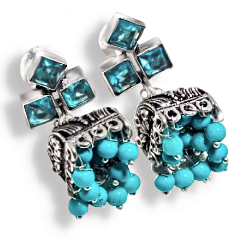 Jhumki Chalcedony, Blue Topaz Gemstone set in . 925 Sterling Silver Plated Handmade Stud Earrings