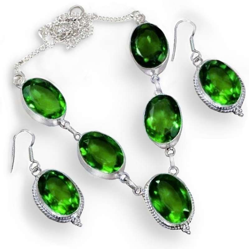 Faceted Peridot Ovals set in .925 Sterling Silver Plated Handmade Necklace and Earrings Set