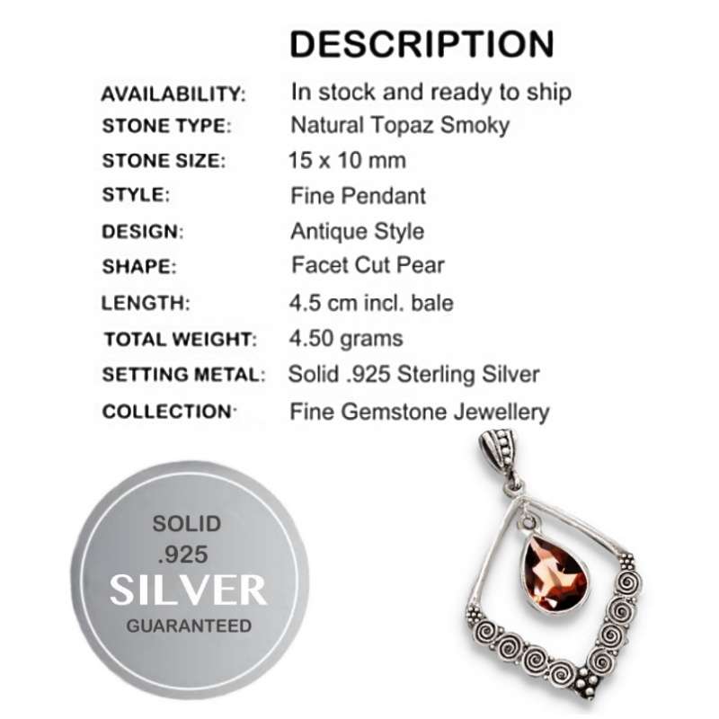 Desirable 4.50 Cts Natural Smoky Topaz .925 Solid Sterling Silver Pendant