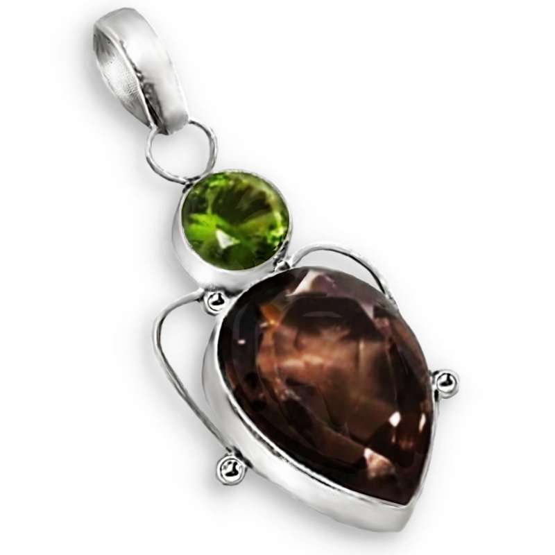 Handmade Smoky Quartz and Peridot Gemstone, .925 Sterling Silver Plated  Pendant