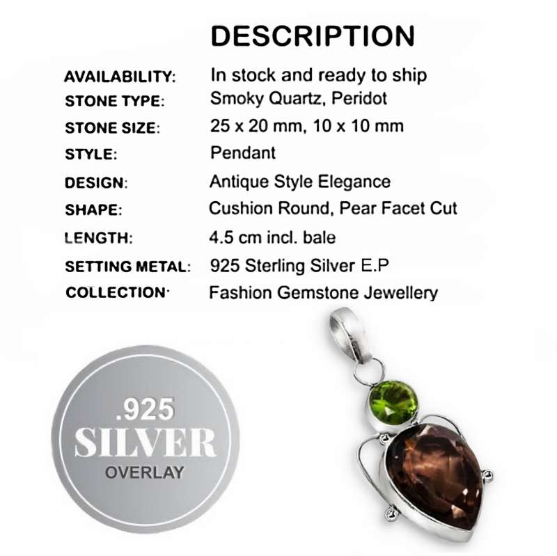 Handmade Smoky Quartz and Peridot Gemstone, .925 Sterling Silver Plated  Pendant