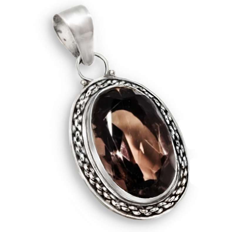 Faceted Oval Smoky Topaz Gemstone set in .925 Sterling Silver Plated Antique Style Pendant