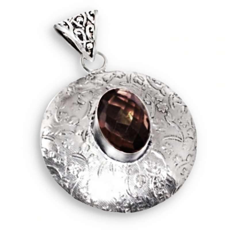 Faceted Oval Smoky Topaz Gemstone in .925 Sterling Silver Plated Embossed Pattern Handmade Pendant