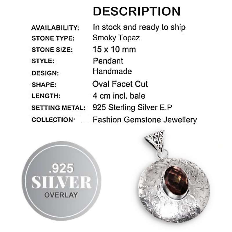 Faceted Oval Smoky Topaz Gemstone in .925 Sterling Silver Plated Embossed Pattern Handmade Pendant