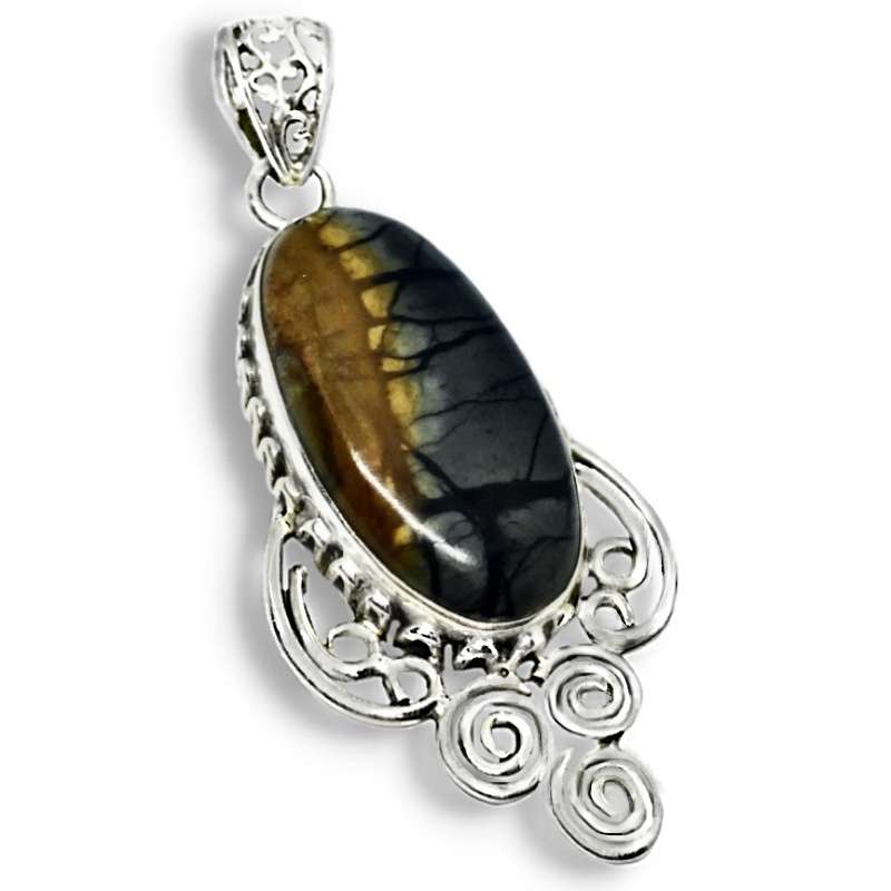Natural Picture Porcelain Jasper Oval Gemstone set in Solid .925 Sterling Silver Pendant