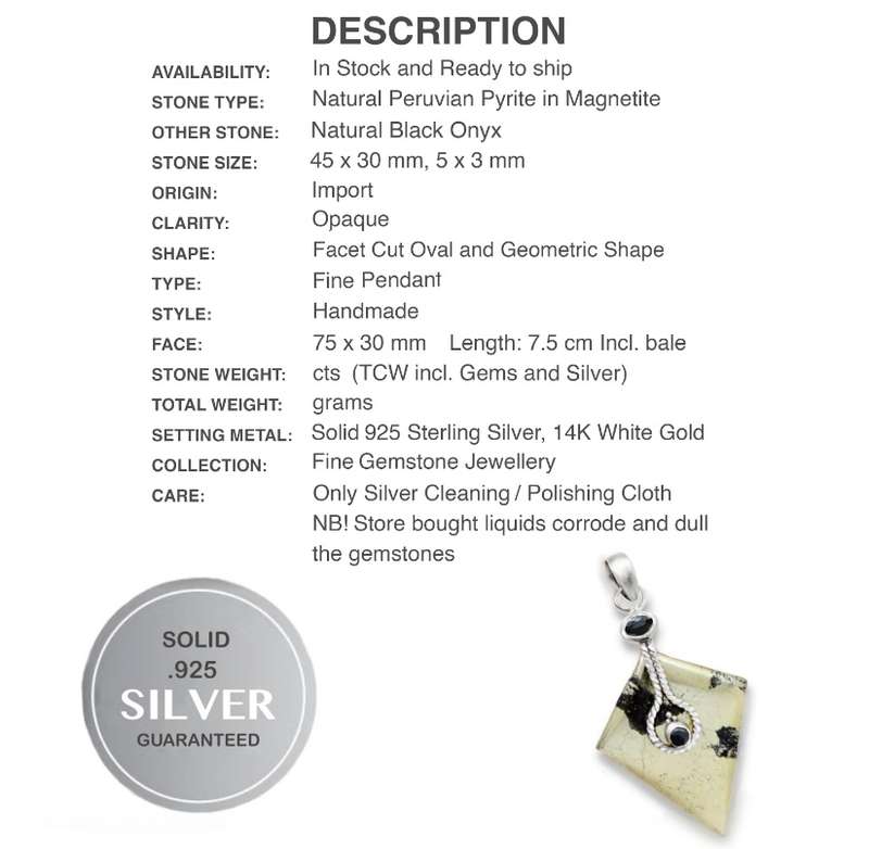 Natural Pyrite In Magnetite and Black Onyx set in Solid .925 Sterling Silver Pendant