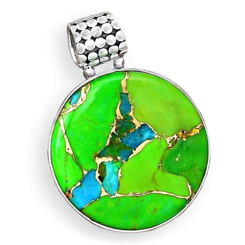 Natural Blue Copper Turquoise in Green Mohave Turquoise set In Solid 925 Sterling Silver Pendant