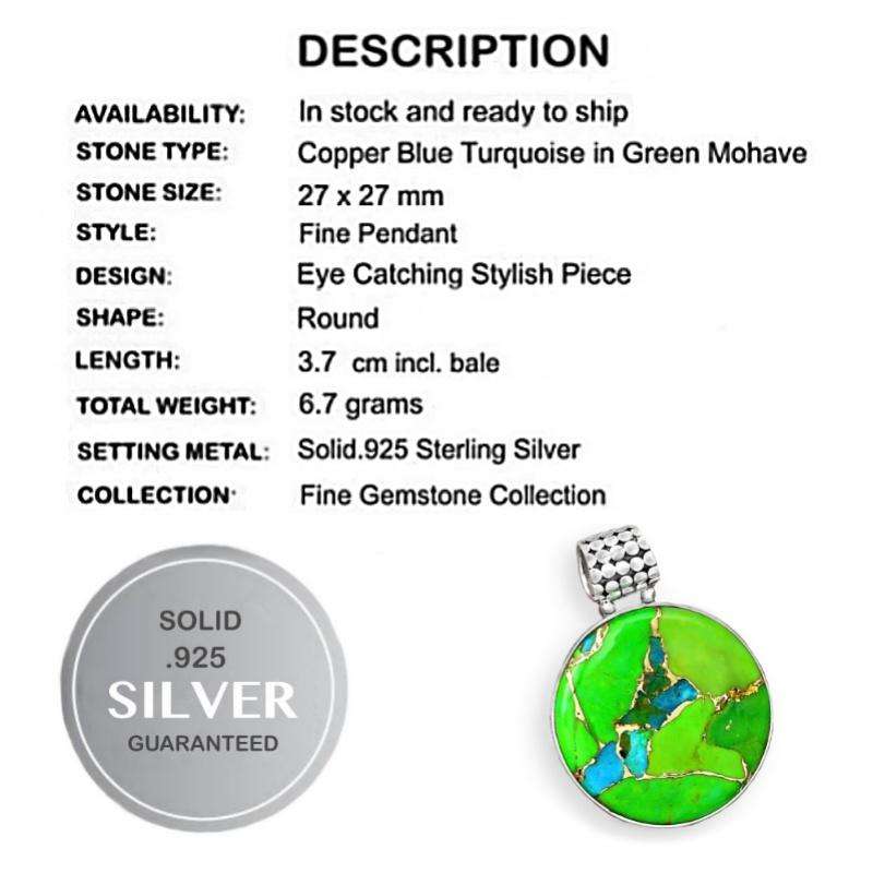Natural Blue Copper Turquoise in Green Mohave Turquoise set In Solid 925 Sterling Silver Pendant