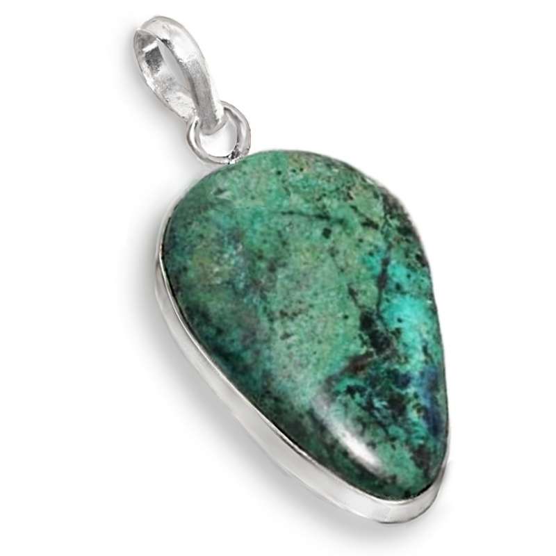 Handmade Natural Chrysocolla Malachite Pear Shape Gemstone  in. 925 Sterling Silver Plated Pendant