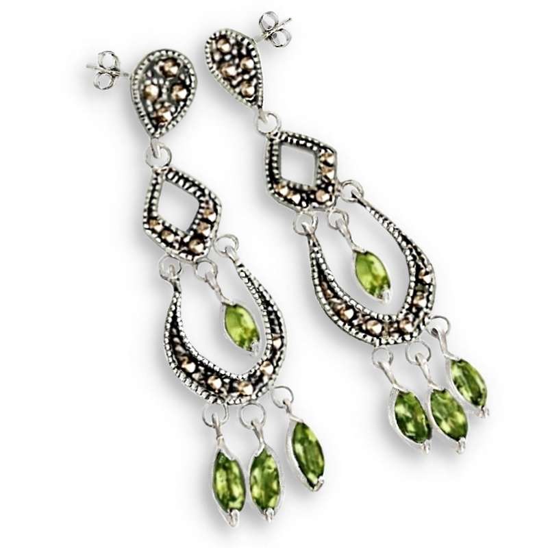 Deluxe Natural Unheated Peridot, Swiss Marcasite Solid .925 Sterling Silver Stud Earrings