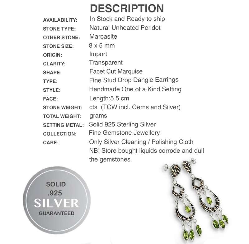 Deluxe Natural Unheated Peridot, Swiss Marcasite Solid .925 Sterling Silver Stud Earrings