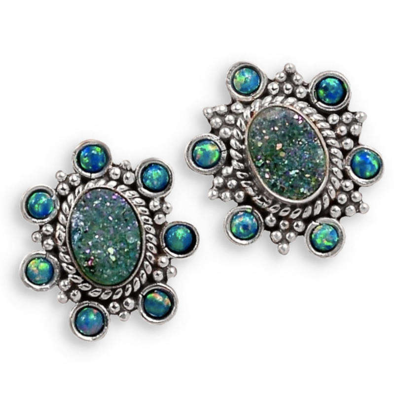 Marine Blue Aqua Druzy and Fire Opal Gemstone set in Solid .925 Sterling Silver Stud Earrings