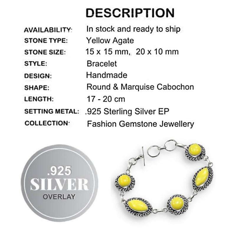 Yellow Agate Mixed Shape Gemstones set in .925  Sterling Silver Plated Handmade Bracelet