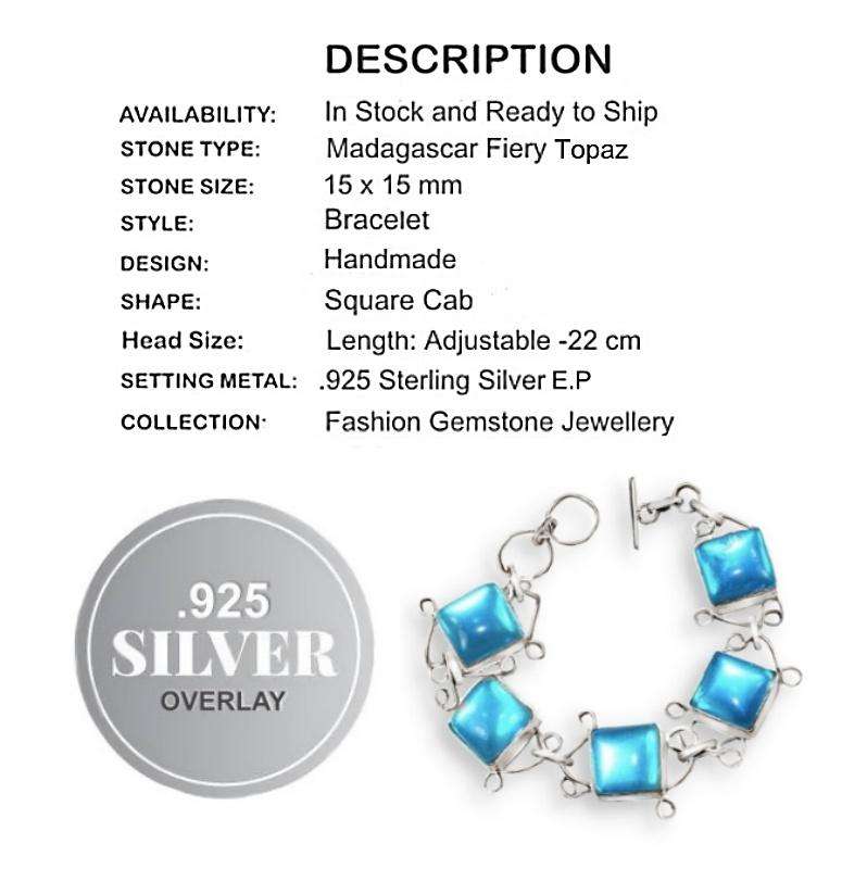 Aqua Madagascar Fiery Topaz set in .925 Sterling Silver Plated Handmade Bracelet