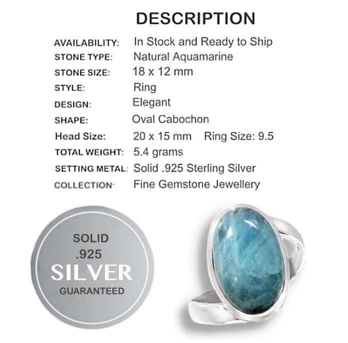 Genuine Earth Mined Aquamarine Oval Gemstone set in Solid .925 Sterling Silver Ring Size 9.5 / S 1/2
