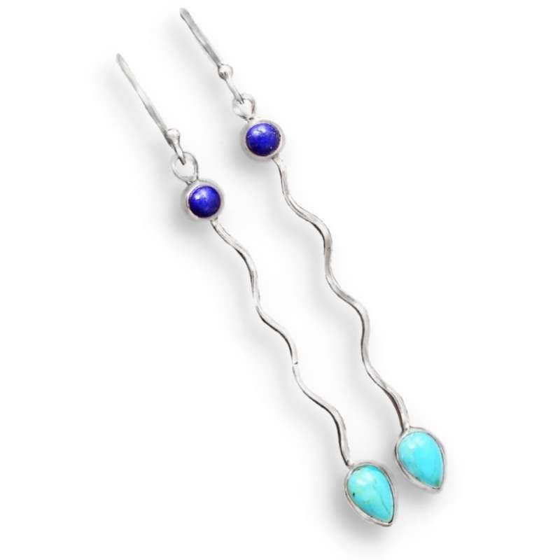 Natural Sleeping Beauty Turquoise, Lapis Lazuli  Gemstone .925 Sterling Silver Earrings