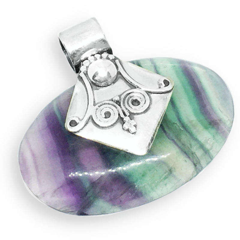 Natural Multi-Fluorite Gemstone  set in Solid .925 Sterling Silver Pendant