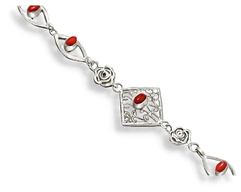 Red Coral Ovals set in  .925 Sterling Silver Plated Handmade Dainty Bracelet