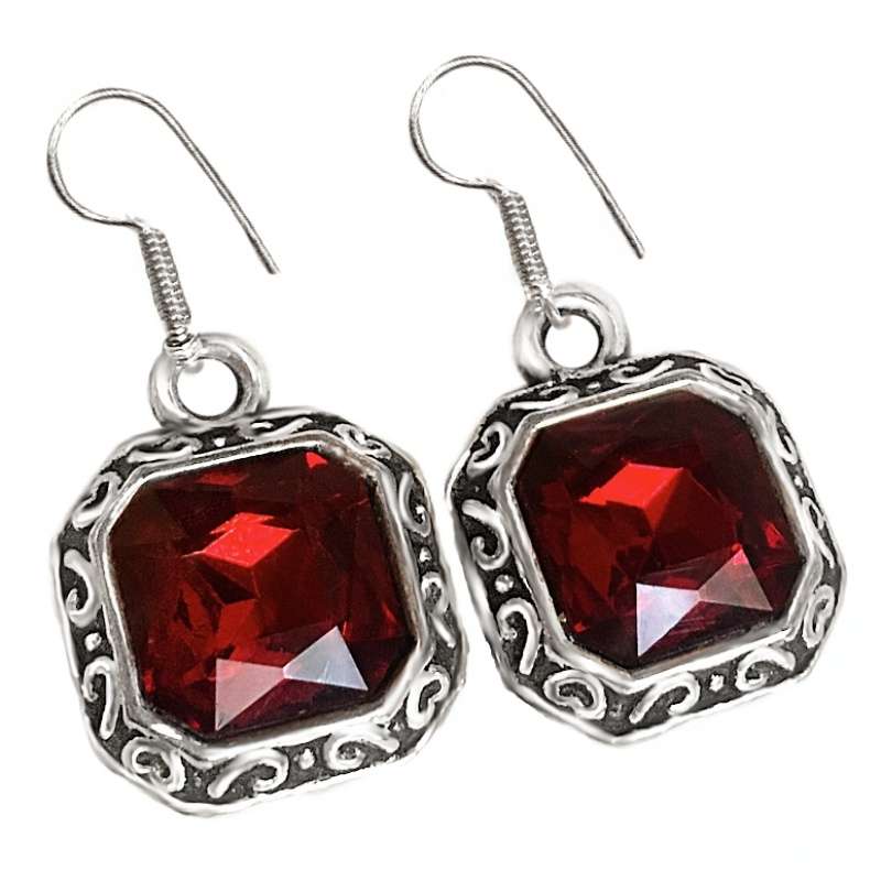 Handmade Simulated Garnet Squares Fashion Silver Plated Earrings with Solid 925 Silver Hooks