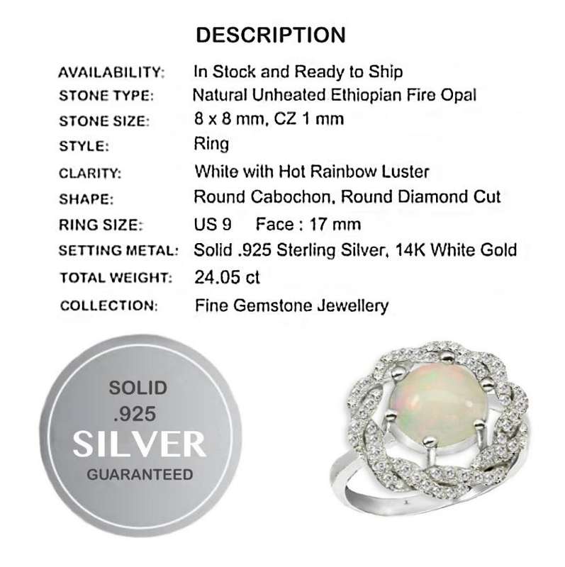 Regal 24.05 cts Ethiopian Fire Opal CZ Gemstone set in Solid .925 Sterling Ring Size 9 or R