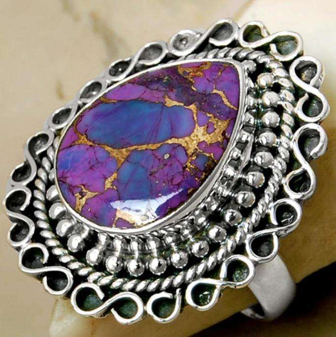 Antique Style Natural Purple Copper Turquoise and Solid .925 Silver Ring Size US 7 or O