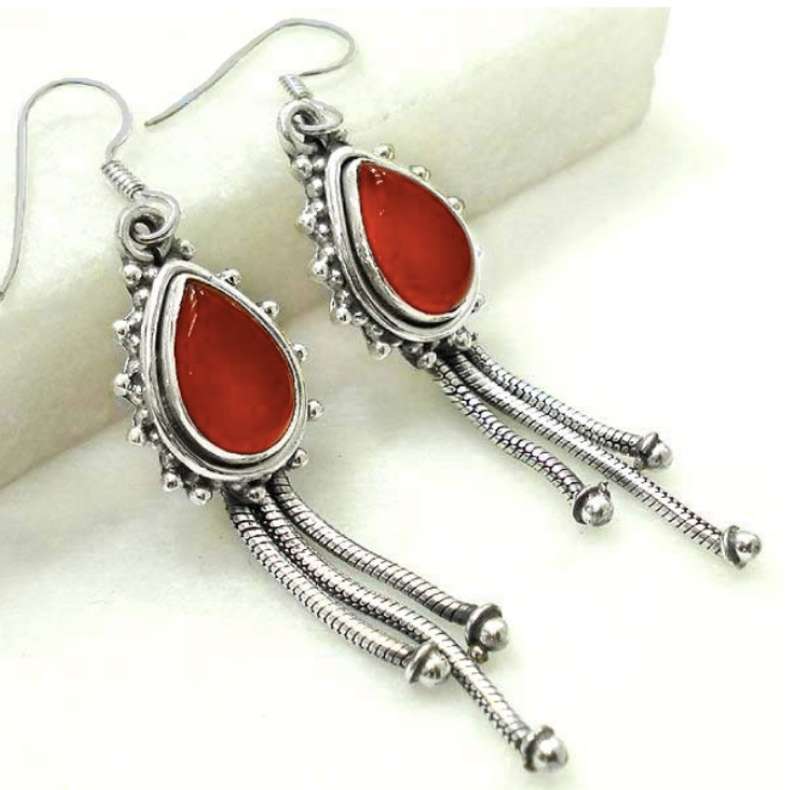 Natural Red Onyx set in Solid .925 Sterling Silver Handmade Trendy Earrings.