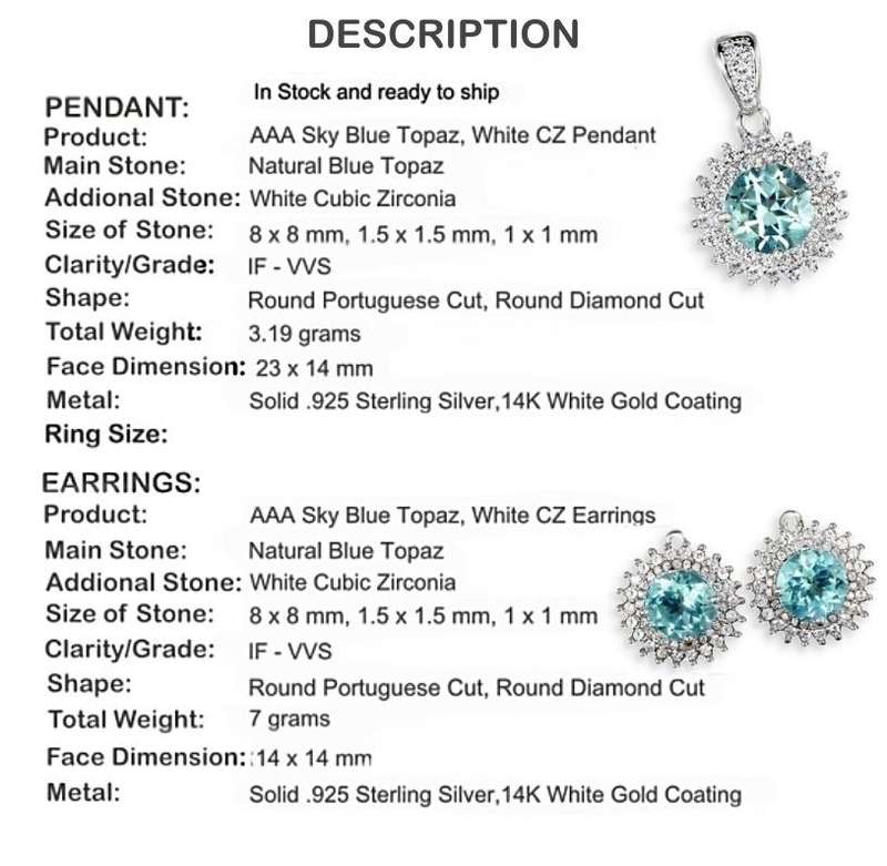 Huge Saving -Natural Blue Topaz Diamond Cut CZ Solid  925 Sterling Silver Pendant and Earrings