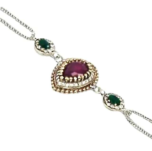 Turkish Faceted Emerald, Ruby, Zirconia Gemstone .925 Silver, Solid Brass Bracelet