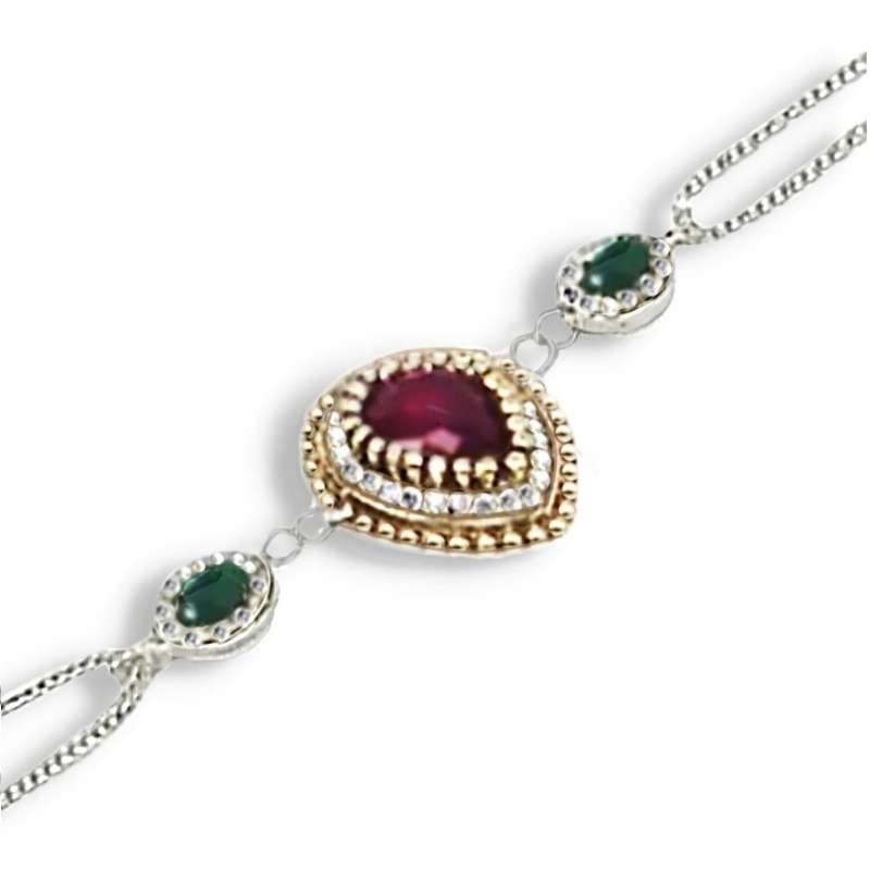 Turkish Faceted Emerald, Ruby, Zirconia Gemstone .925 Silver, Solid Brass Bracelet