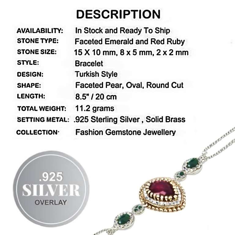 Turkish Faceted Emerald, Ruby, Zirconia Gemstone .925 Silver, Solid Brass Bracelet