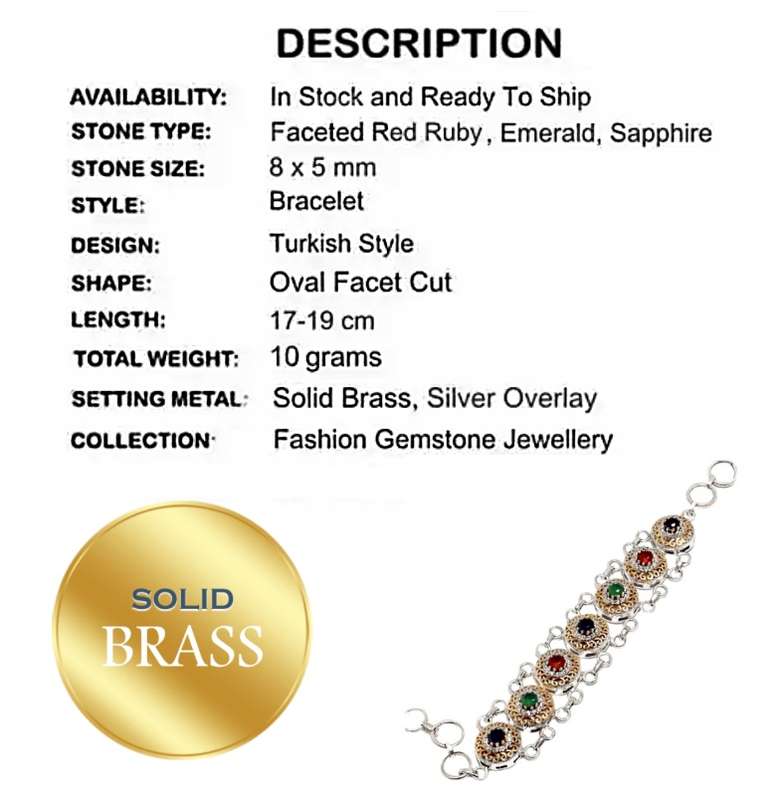 Turkish Faceted Emerald, Ruby, Zirconia Gemstone .925 Silver, Solid Brass Bracelet