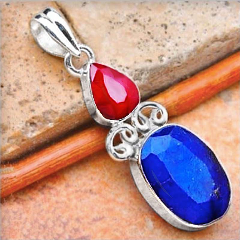 Rare Natural Ruby and Kyanite Sillimanite set in Solid .925 Sterling Silver Pendant