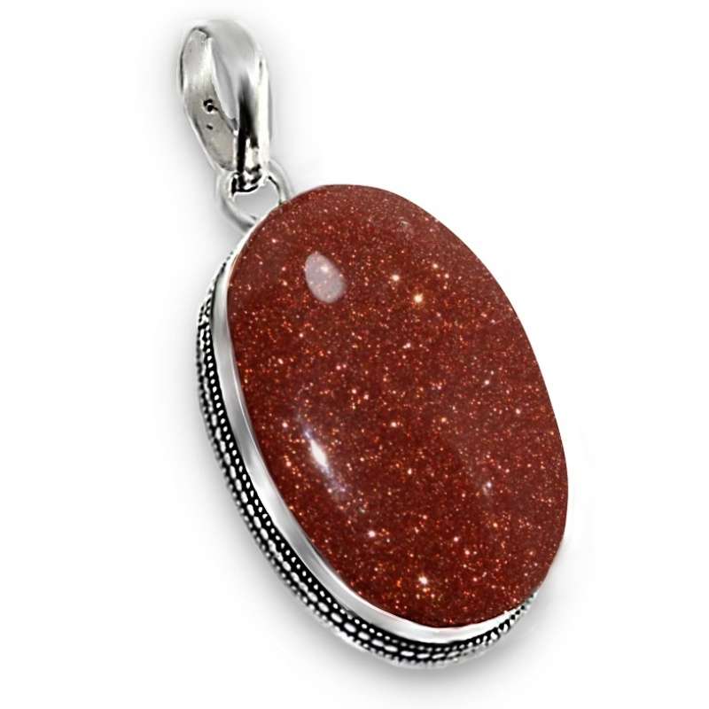 Shimmery Oval Sun Sitara Goldstone Gemstone .925 Sterling Silver Plated Pendant