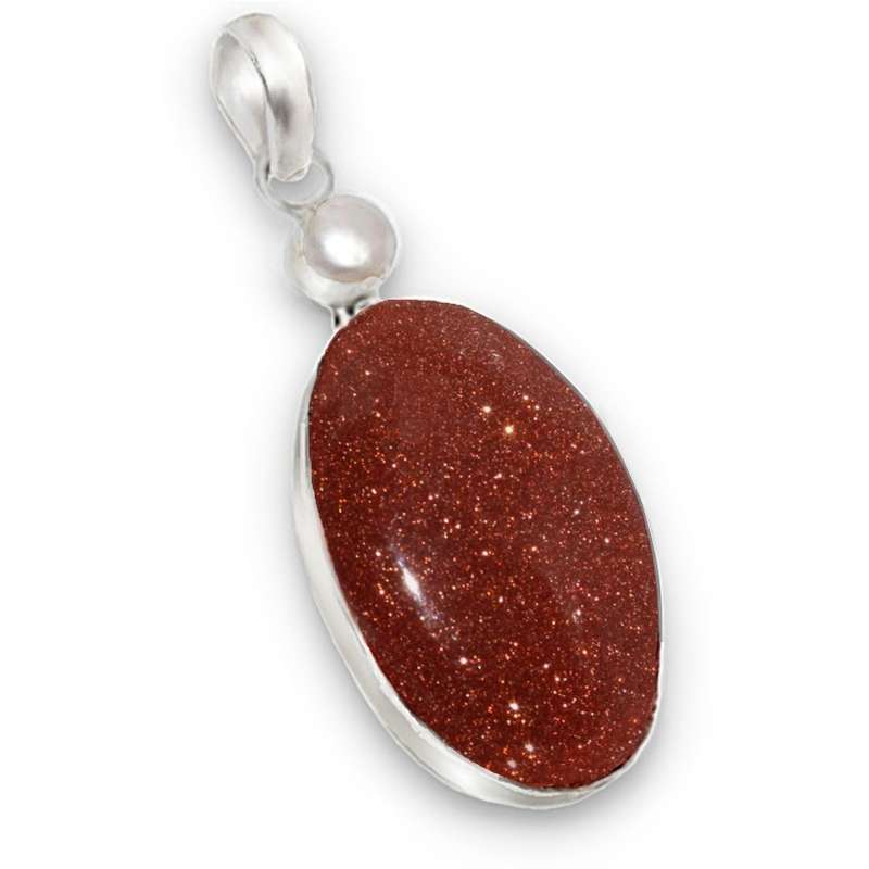 Shimmery Sun Sitara Goldstone and White River Pearl set in .925 Sterling Silver Plated Pendant