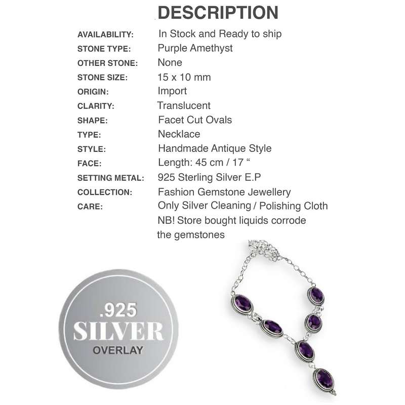 Handmade Antique Style Purple Amethyst Gemstone .925 Sterling Silver Plated Necklace