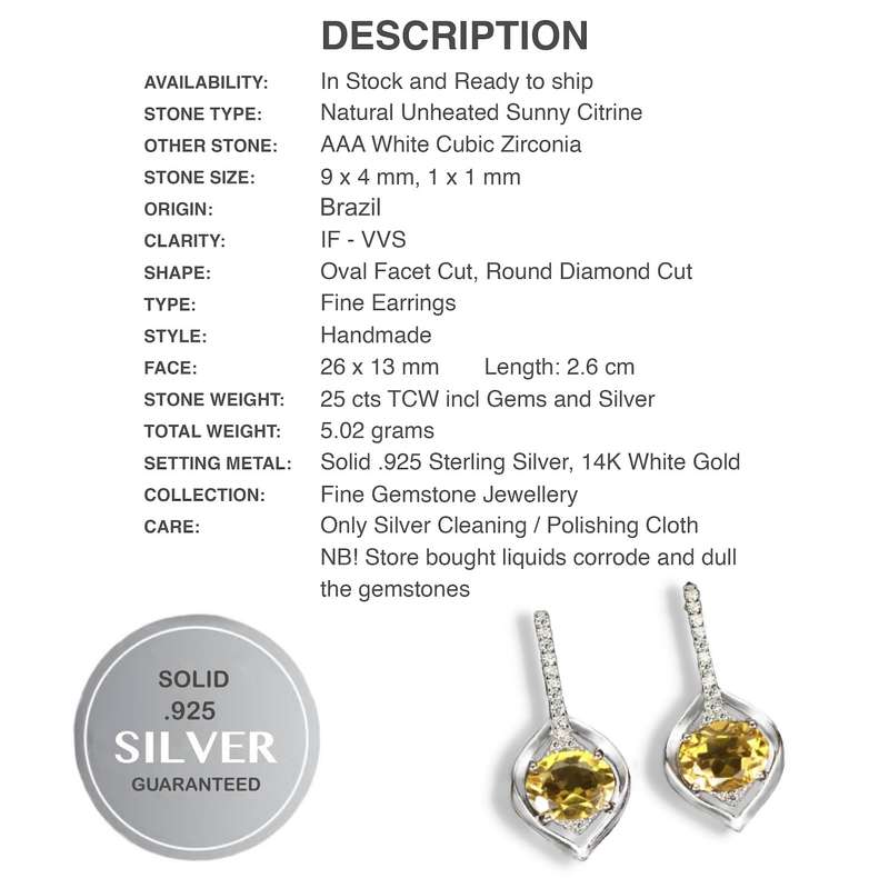 Natural Unheated Yellow Citrine 9 x 4mm AAA White Cz 925 Sterling Silver 14K White Gold Earrings