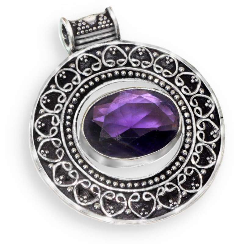 Antique Style Purple Amethyst Oval set in 925 Sterling Silver Plated Handmade Pendant