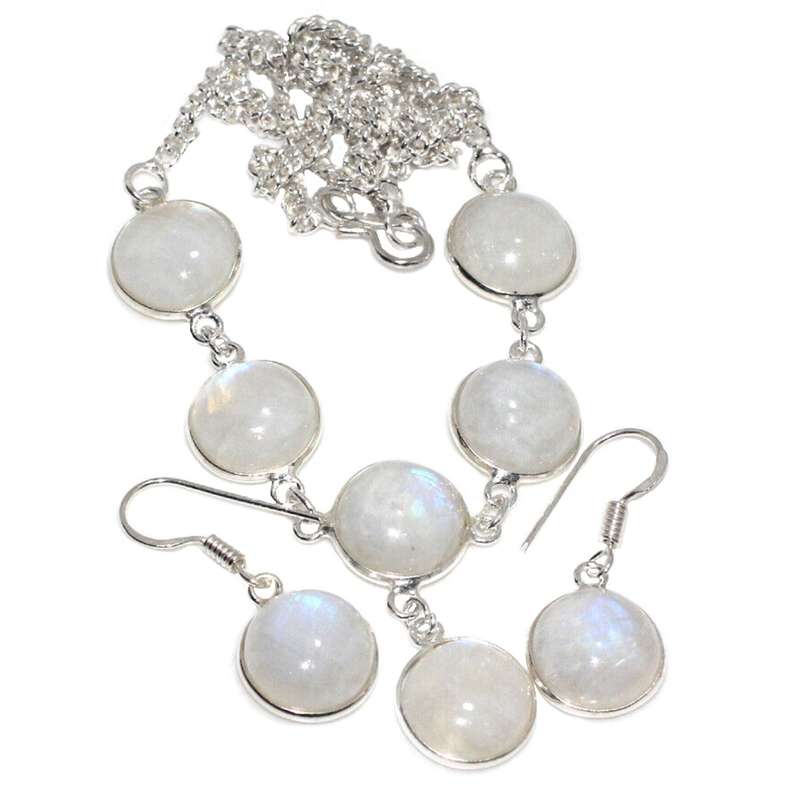 Natural Round Rainbow Moonstone. set in 925 Sterling Silver Plated Necklace and Earrings Set