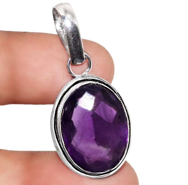 Faceted Purple Amethyst Oval Gemstone set in .925 Sterling Silver Plated Handmade Pendant