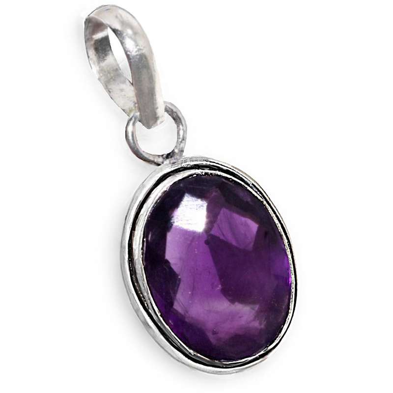 Faceted Purple Amethyst Oval Gemstone set in .925 Sterling Silver Plated Handmade Pendant
