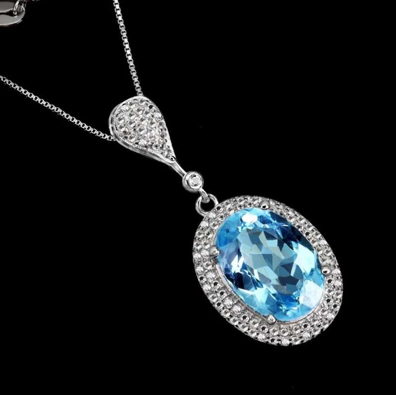 Natural Blue Topaz Oval and White Topaz Gemstones set in Solid .925 Silver 14K White Gold Necklace
