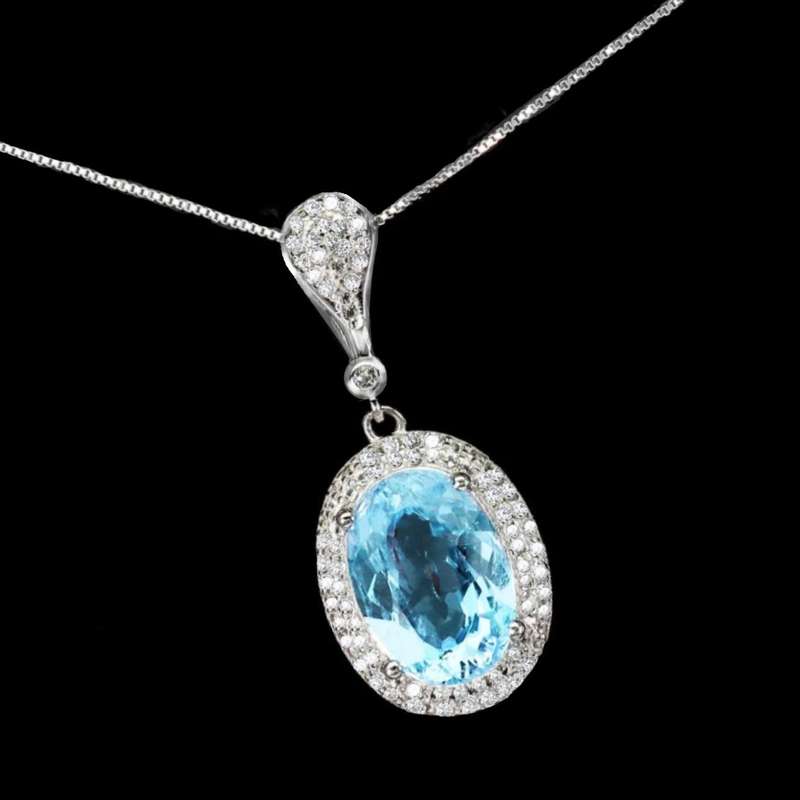Natural Blue Topaz Oval and White Topaz Gemstones set in Solid .925 Silver 14K White Gold Necklace