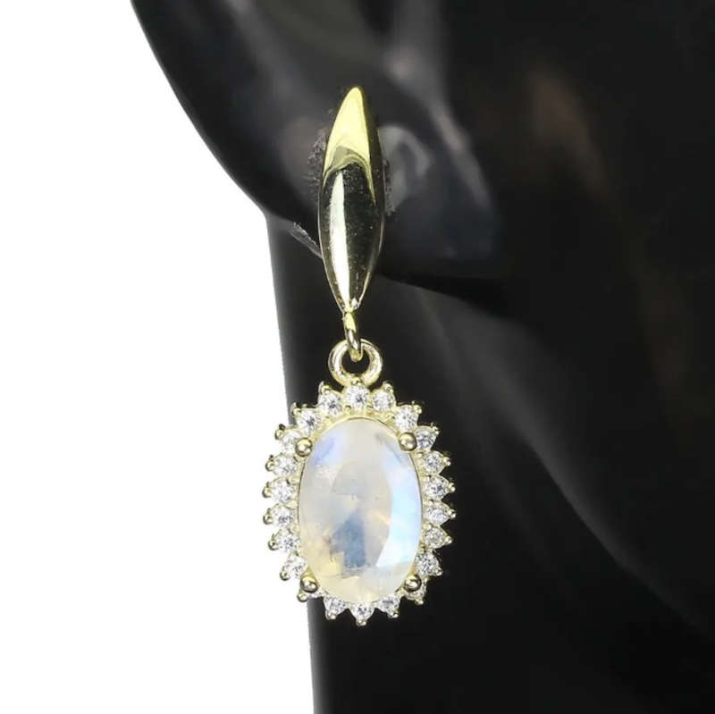 Natural Unheated Blue Schiller Moonstone, White Cubic Zirconia in Solid .925 Silver Stud Earrings