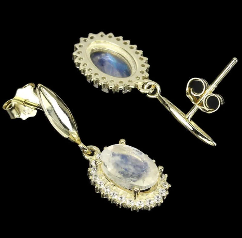 Natural Unheated Blue Schiller Moonstone, White Cubic Zirconia in Solid .925 Silver Stud Earrings