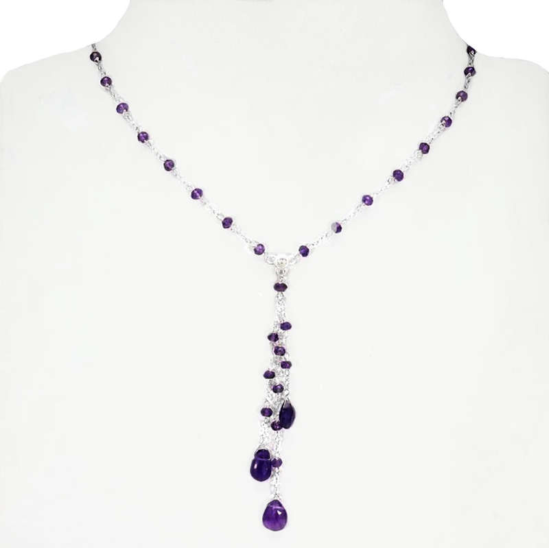 Handmade Authentic Purple Amethyst Briolette Gemstones in Solid .925 Silver 14K White Gold Necklace