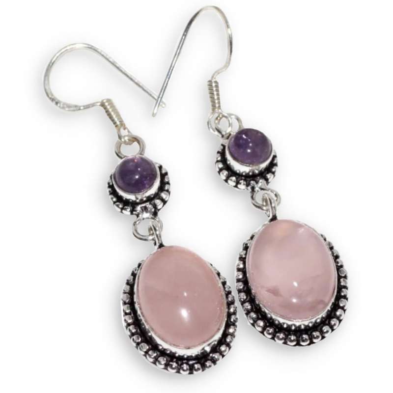 Natural Pink Rose Quartz and Purple Amethyst set in .925 Sterling Silver Plated Earrings