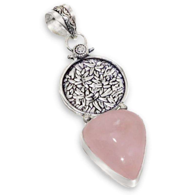 Natural Rose Quartz With Leaf Embossed Disk set in .925 Sterling Silver Plated Handmade Pendant