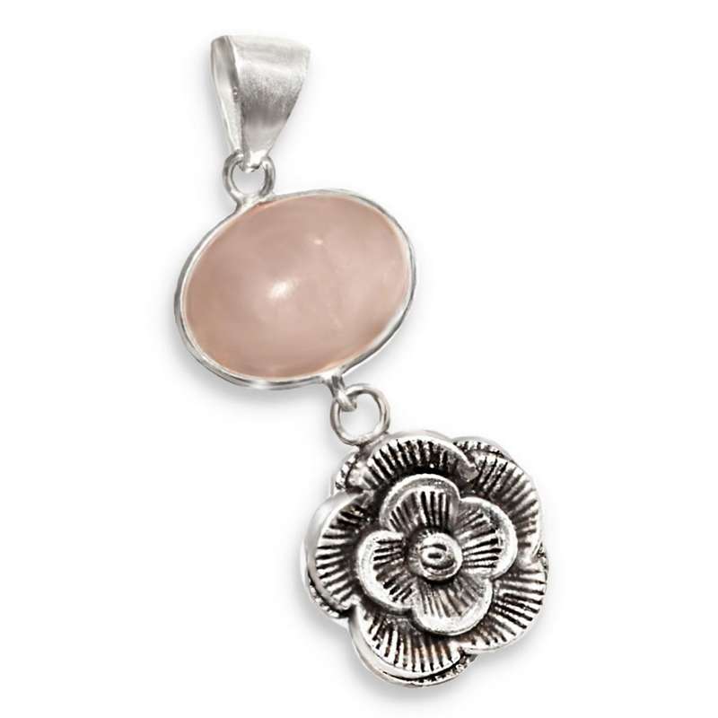 Natural Rose Quartz With Floral Charm set in .925 Sterling Silver Plated Handmade Pendant