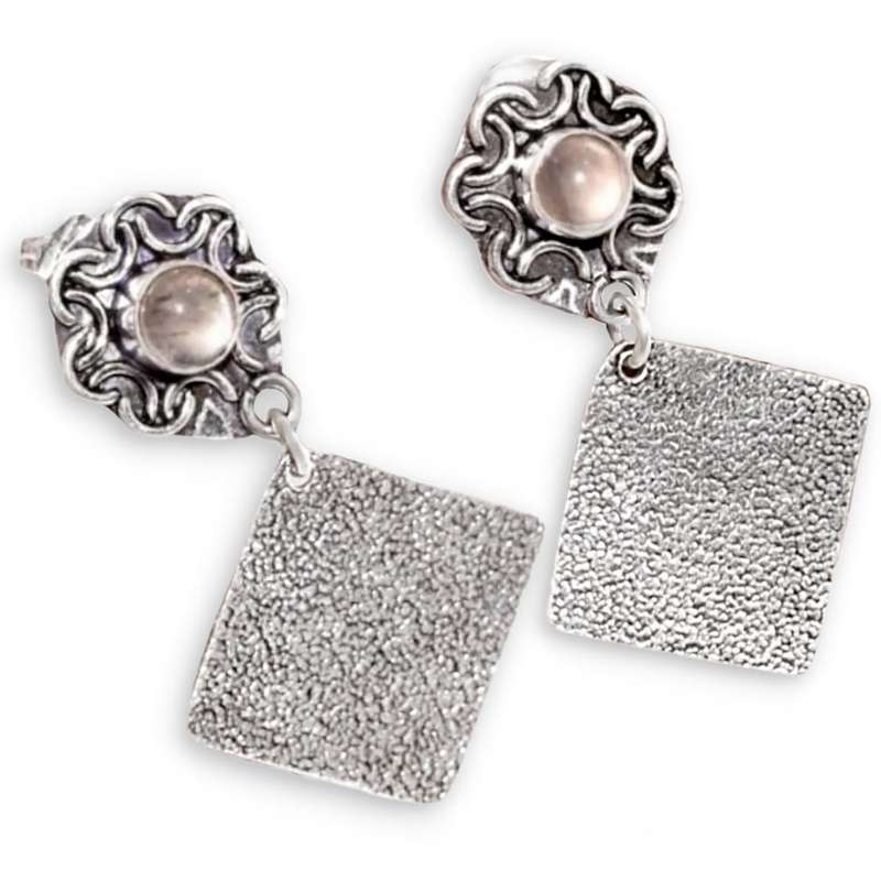 Handmade Natural Pink Rose Quartz Gemstone set in .925 Sterling Silver Plated Antique Style Earrings